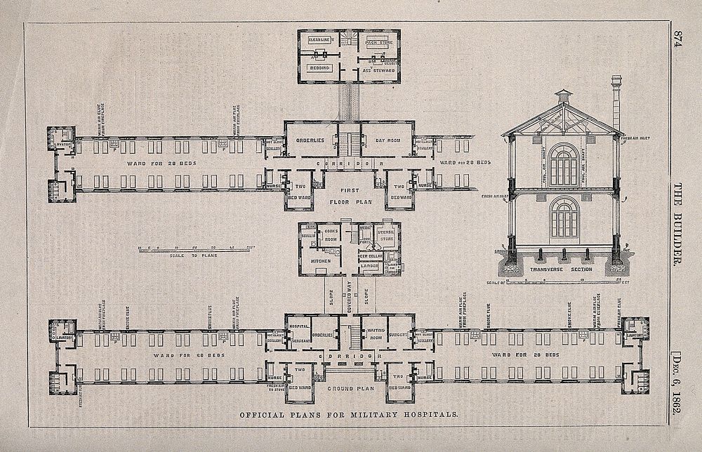 An official floor plan and transverse section with scale for new military hospitals, c. 1862. Wood engraving after D. Galton.