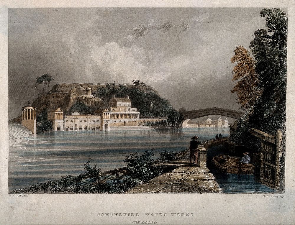 Schuylkill Water Works, Philadelphia: panoramic view with the river. Coloured engraving by J.C. Armytage after W.H. Bartlett.