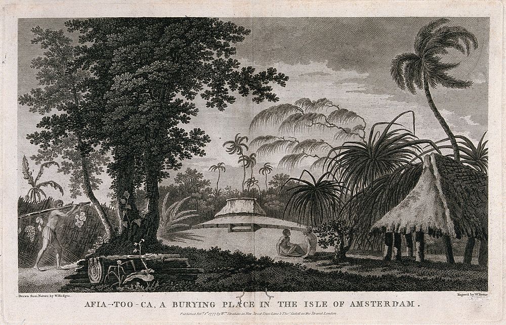 A burial place on Tongatapu, Tonga. Engraving by W. Byrne, 1777, after W. Hodges, 1773 or 1774.