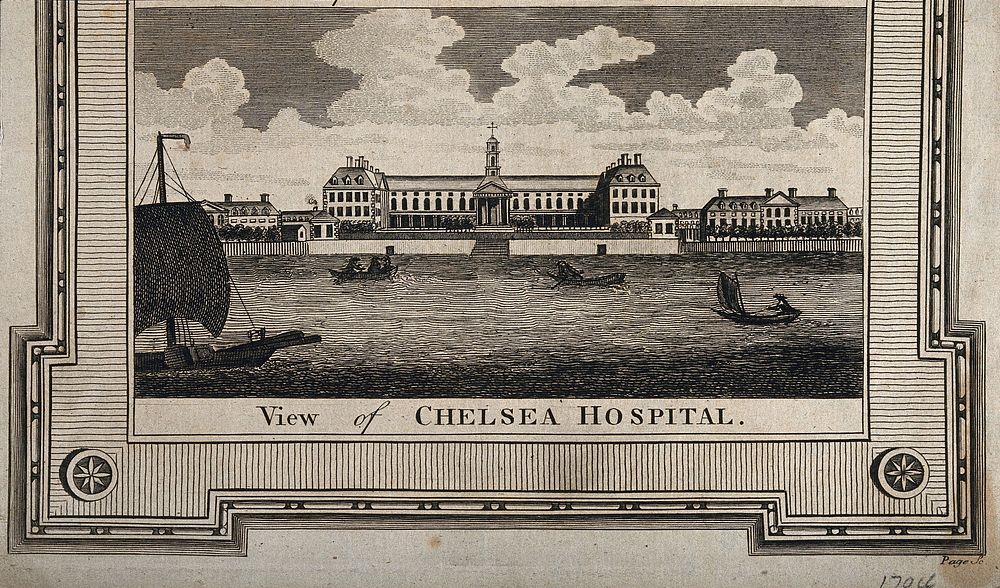The Royal Hospital, Chelsea: viewed from the Surrey bank with boats on the river. Etching by T. Tagg after E. Dayes, 1797.