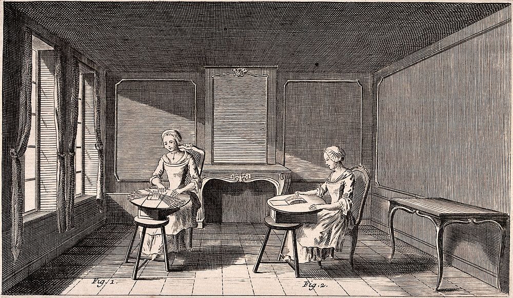 Textiles: two women in a room, seated at work-tables making bobbin-lace. Engraving.