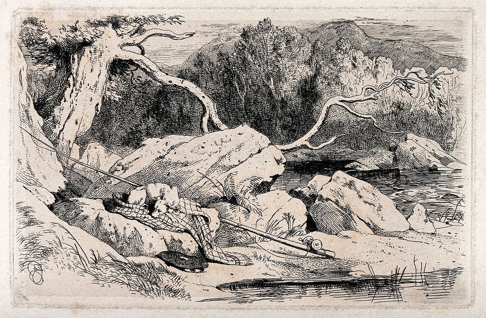 A sleeping dog by a lakeside. Etching after E.H. Landseer, 1820/1848.
