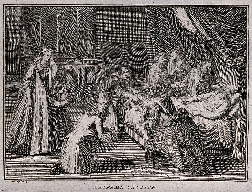 A priest administering extreme unction to a dying man in a bedchamber with a makeshift altar. Etching by B. Picart, 1724.