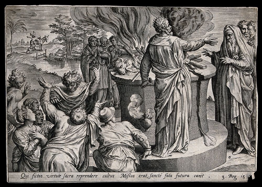 An old prophet denounces the proceedings at a lavish sacrifice given by the wayward king Jeroboam. Engraving.