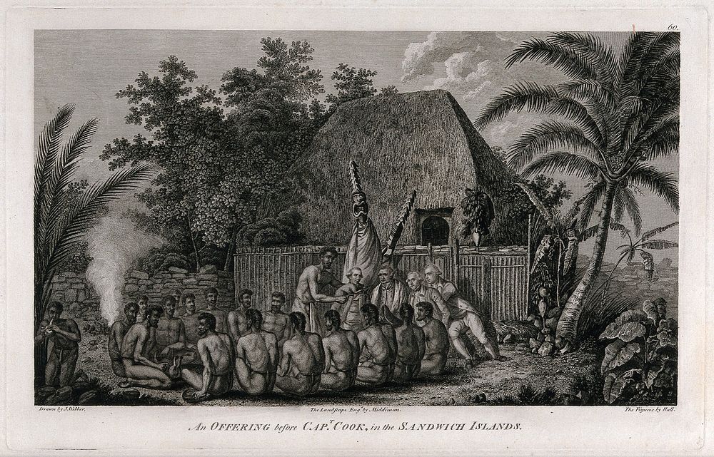 The inhabitants of the Hawaiian Islands offering to Captain Cook the sacrifice of a pig. Etching by S. Middiman and J. Hall…