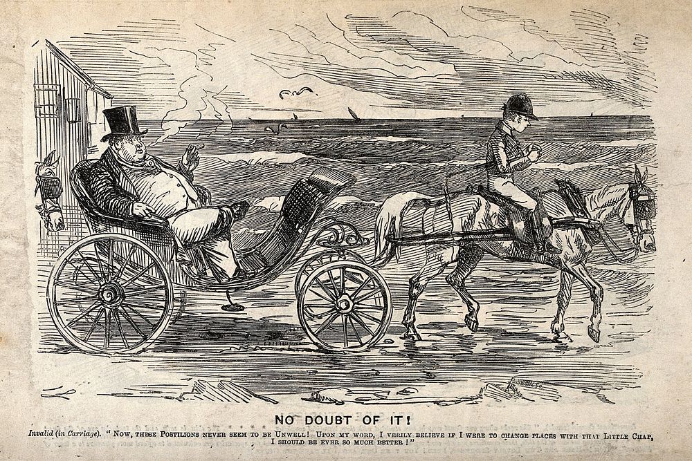 An overweight man being driven through the sea in a carriage drawn by a small thin man on a horse. Wood engraving by J.…