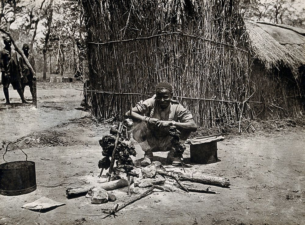 The Kilwa area (Nanganachi village ), Tanzania, East Africa: a Tanzanian man spit-roasting meat over an open fire in front…