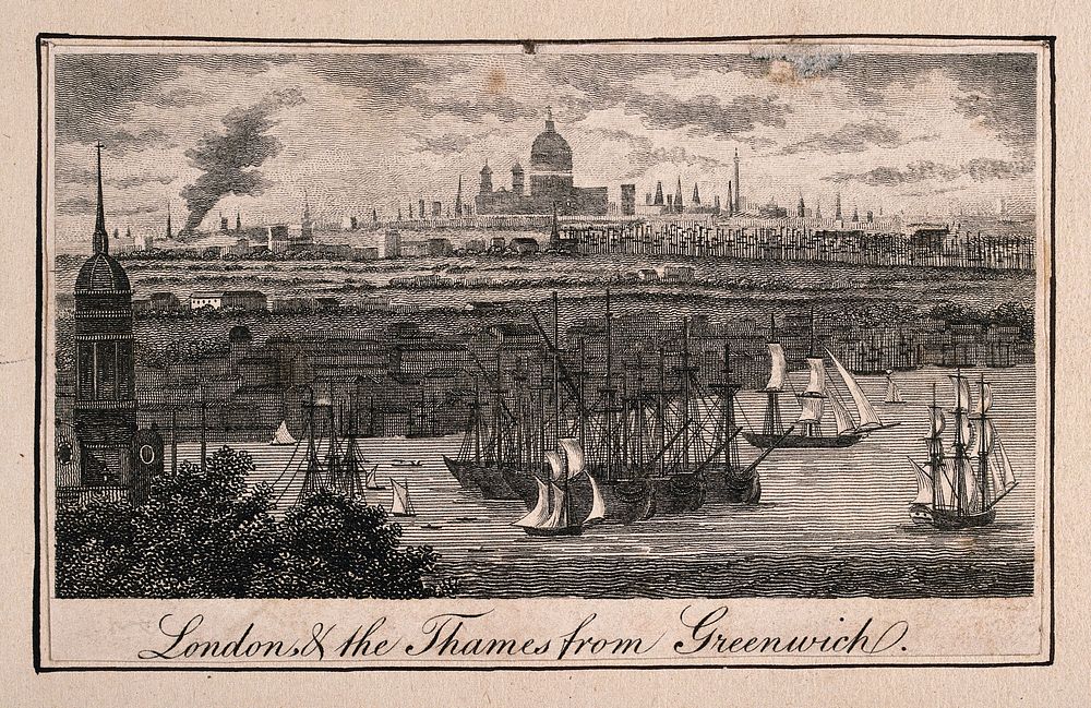 Greenwich, with London in the distance. Engraving.