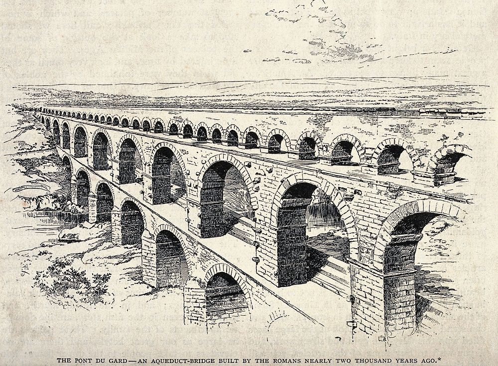 The Pont du Gard, a Roman aqueduct/bridge, France. Process print.