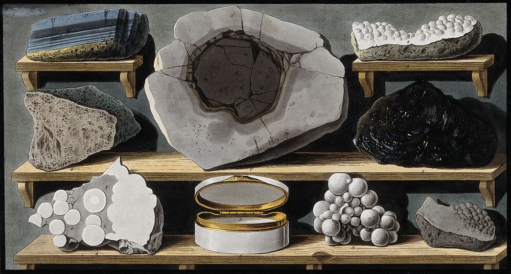 Specimens of stone and volcanic matter found on Mount Vesuvius, including lava enclosed in marble. Coloured etching by…