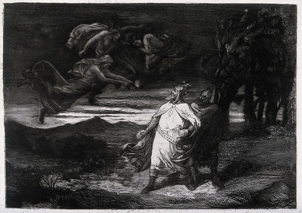 The three witches hover over Macbeth and Banquo . Etching.