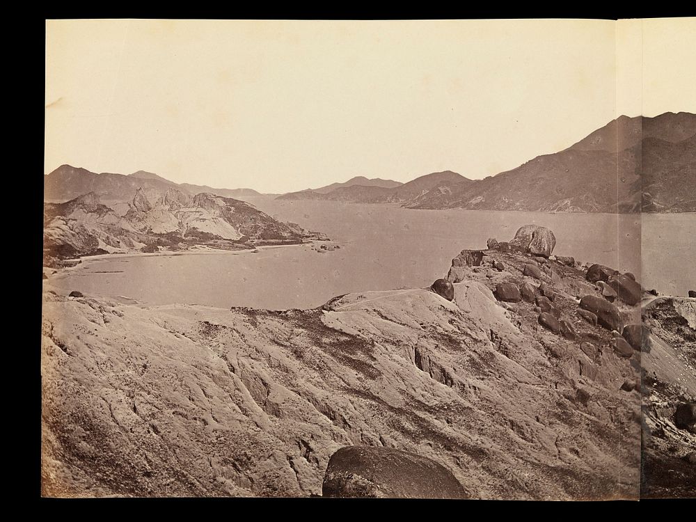Kowloon, Hong Kong: military encampments on land and fleets in the bay during the Second China War: panoramic view.…