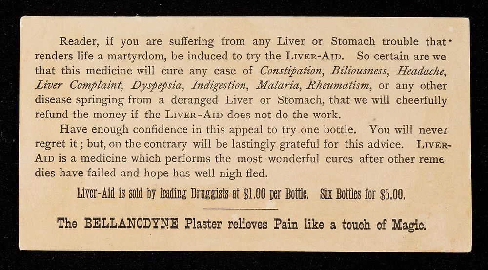 Dr. Grosvenor's Liveraid : cures sick headache & biliousness: small doses, prompt effect.