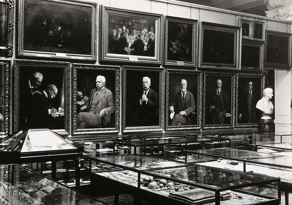 Wellcome Historical Medical Museum, Wigmore Street, London: east wall of the Gallery of Pictures. Photograph.
