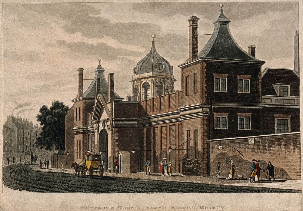 The British Museum in Montague House: the Russell Street façade. Coloured aquatint after T.H. Shepherd.