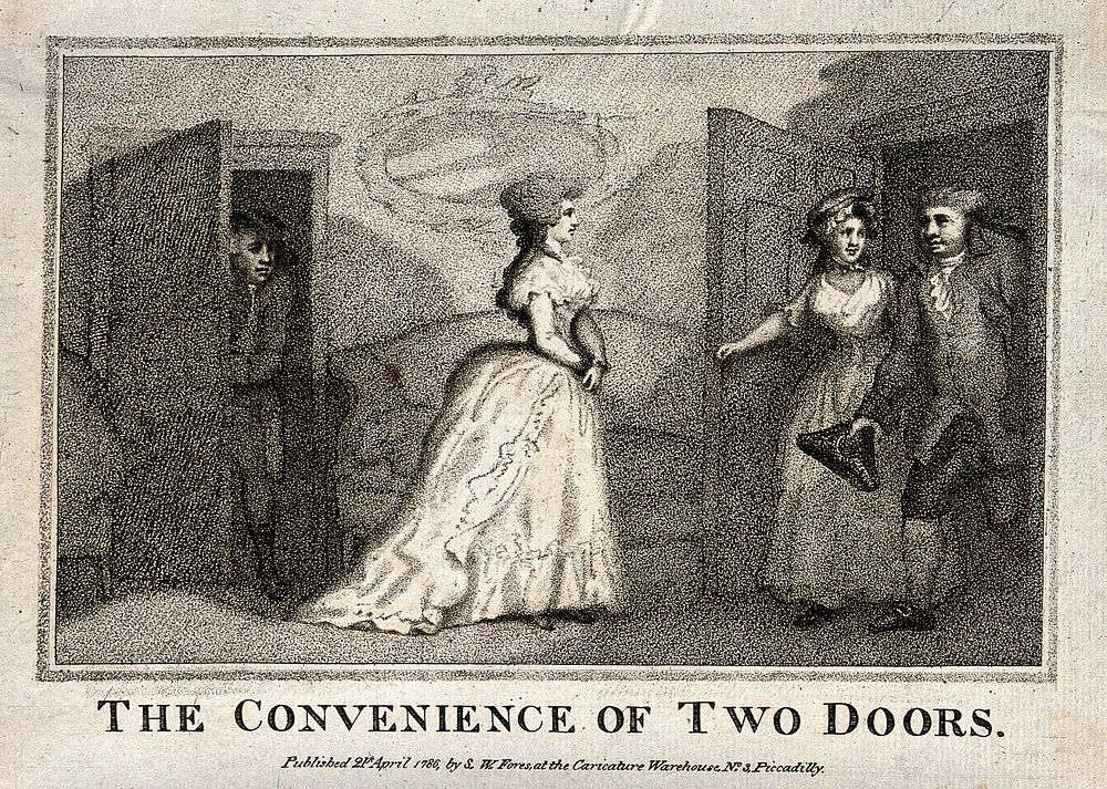 A man hides behind one door as the young woman he has been with moves to greet a newly-arrived couple, appearing through…