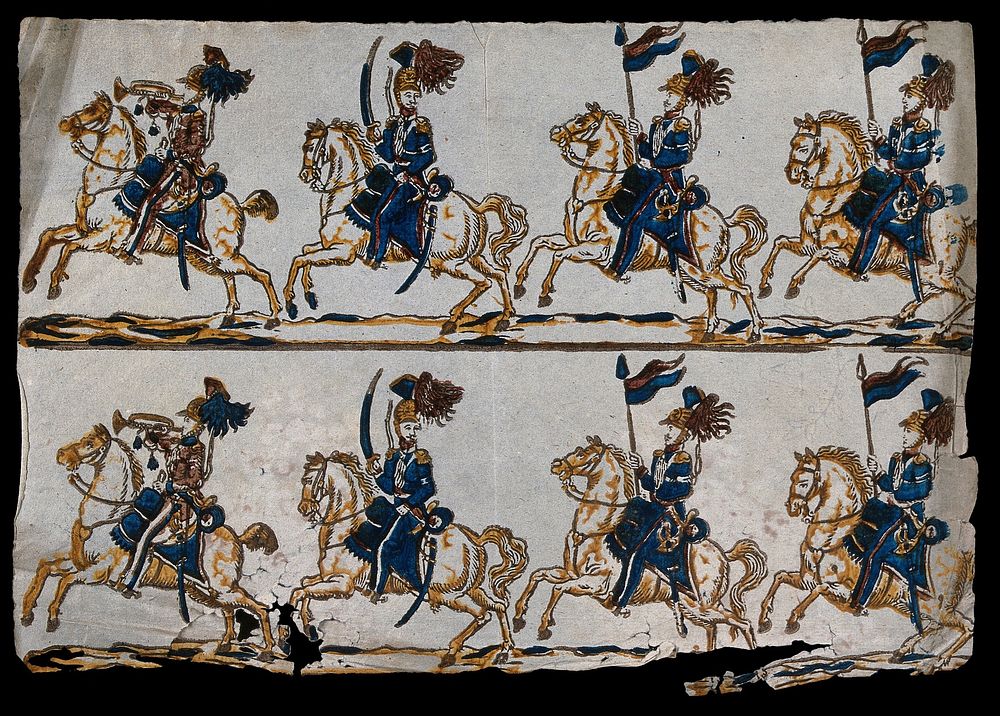 Three soldiers on horseback: one with a bugle, one with a cutlass, and one with and as a standard. Colour wood block.