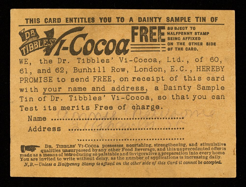 This card entitles you to a dainty sample tin of Dr. Tibbles' Vi-Cocoa free ... / Vi-Cocoa, Ltd.