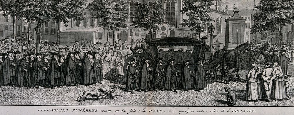 A funeral in the city of the Hague in Holland. Engraving with etching by B. Picart, 1732.