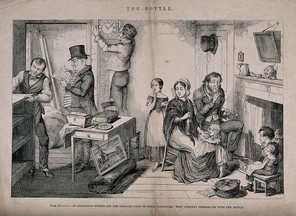 A drunken man sits at home with his family while bailiffs remove their furniture. Etching by G. Cruikshank, 1847, after…