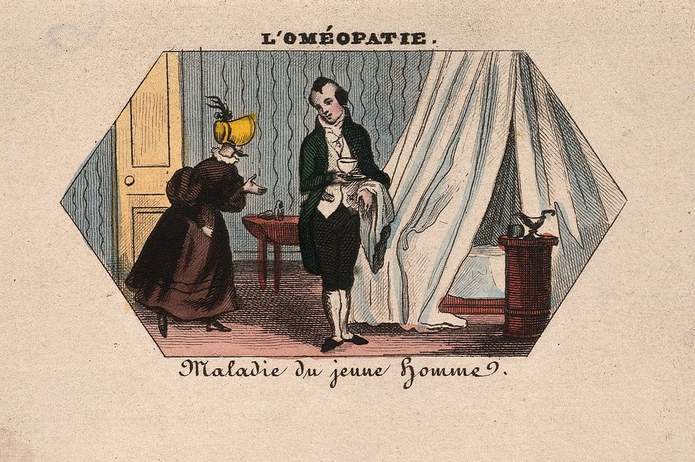A young homoeopath takes a cup to a sick young man hidden in his bed. Coloured photolithograph.