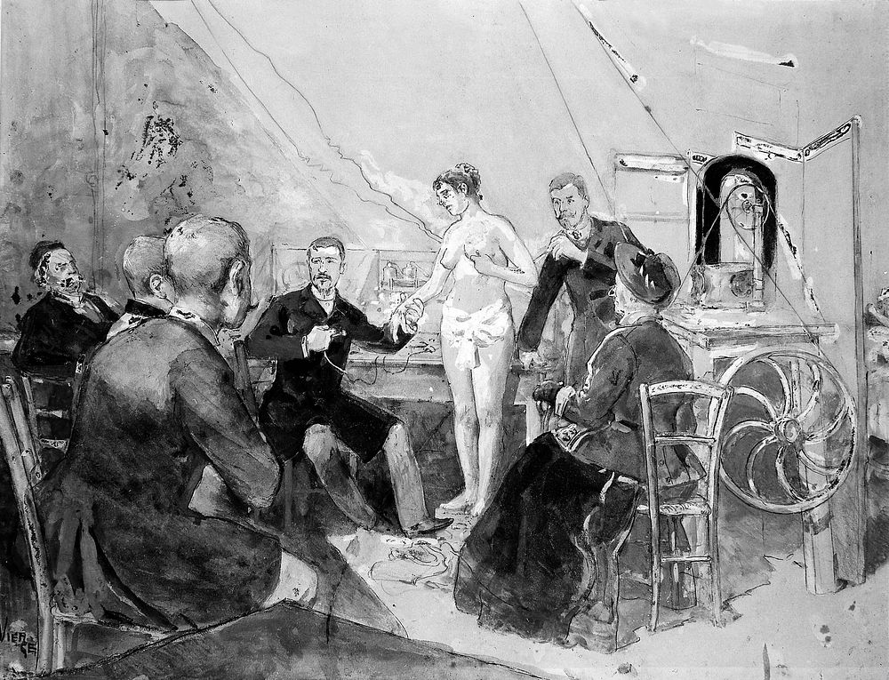 A doctor demonstrating electrotherapy on a young semi-nude woman in front of an audience of physicians , her mother or…
