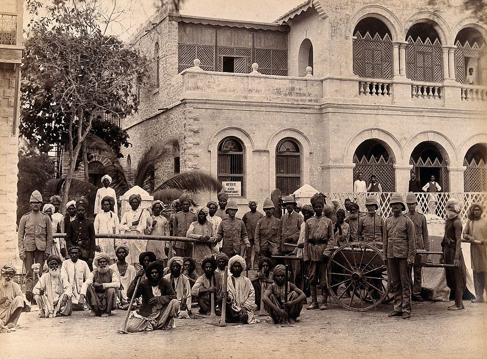 Staff from the Rambagh section of the Karachi Plague Committee, India. Photograph, 1897.