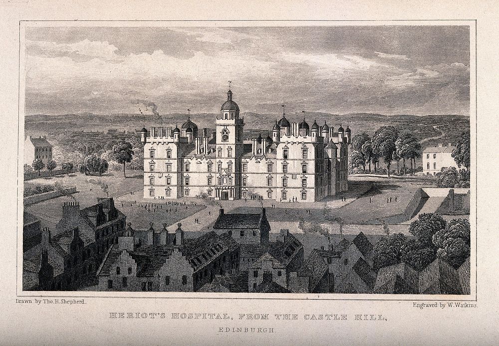 Heriot's Hospital, Edinburgh, Scotland. Line engraving by W. Watkins after T.H. Shepherd.