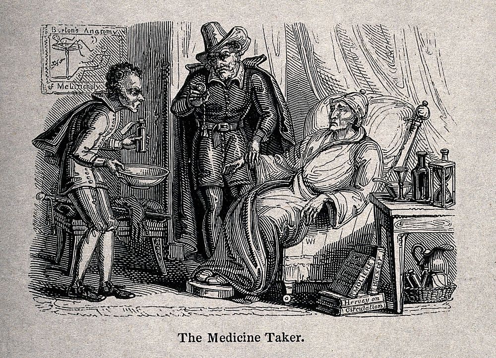A doctor taking the pulse of a grave looking patient, his servant holds a bottle and bowl. Reproduction of a wood engraving.