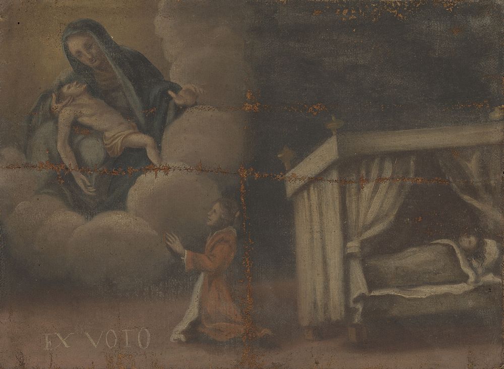 A person praying to the Virgin for the recovery of a child who is lying sick in bed. Oil painting, 17--.