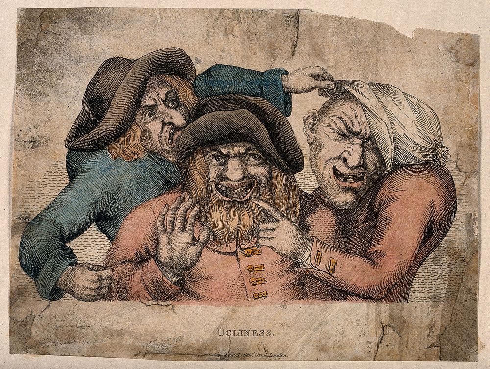Three grotesque old men with missing teeth pointing and grimacing at each other. Coloured stipple engraving, 1810, after J.…