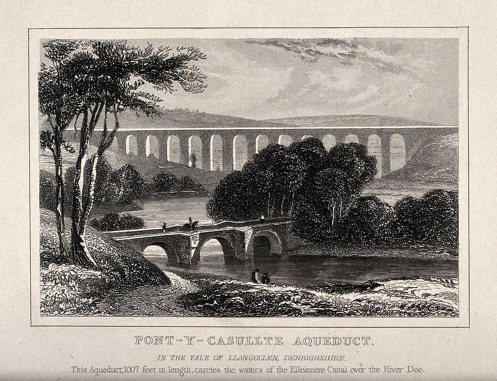 The aqueduct, Port-Y-Casullte, in the vale of Llangollen, Denbighshire. Engraving.