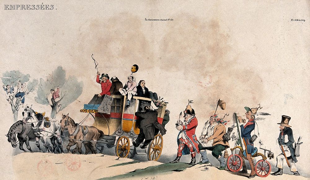 A horse-drawn carriage is carrying passengers as a crowd of men follow behind, one on a bicycle, each writing on paper with…