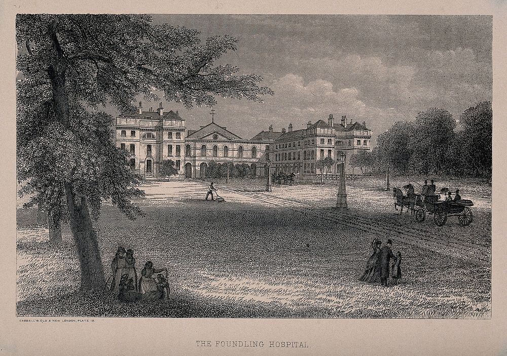 The Foundling Hospital: the main buildings seen from within the grounds. Process print after a wood engraving.