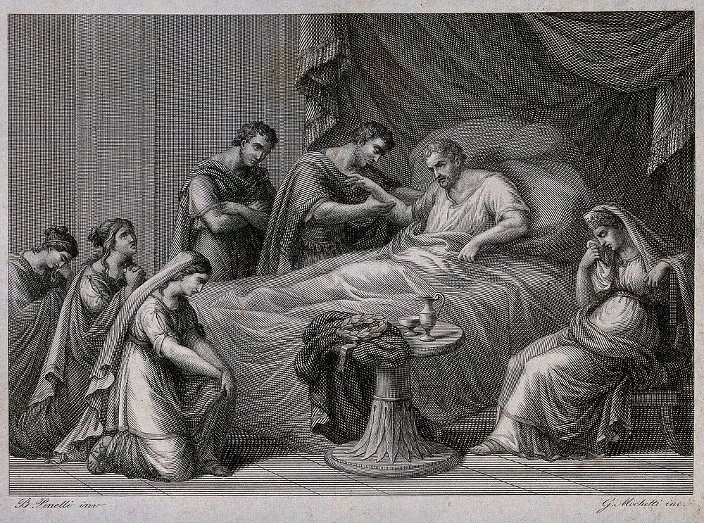 Death of Constantius, father of the emperor Constantine. Engraving by G. Mochetti after B. Pinelli.