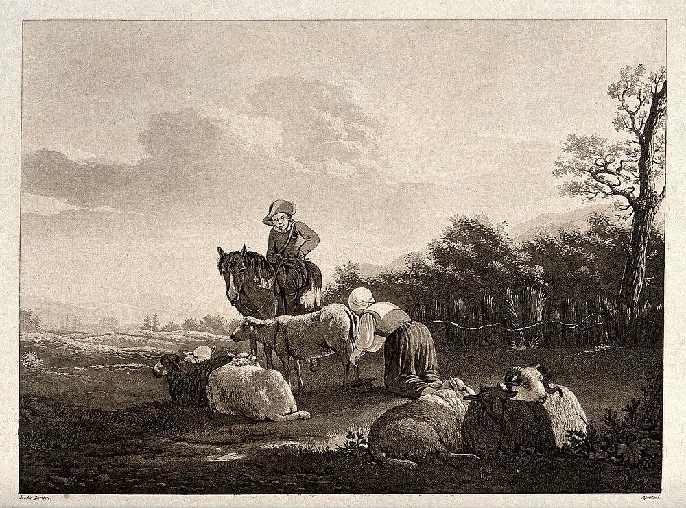 A mounted man looks on while a shepherd girl milks a ewe. Aquatint by C. Apostool after K. du Jardin.