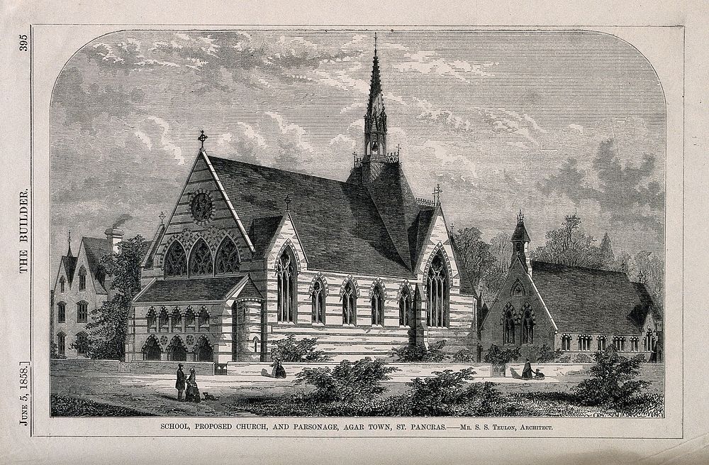 Church and School at Agar Town, London: elevation. Wood engraving by W. E. Hodgkin, 1858, after B. Sly.