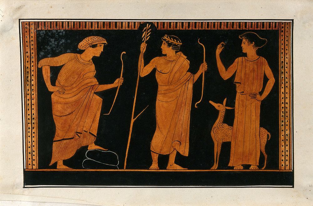 Detail of the decoration of a red-figured Greek wine-mixing bowl (column-krater) showing two youths holding bows and a young…
