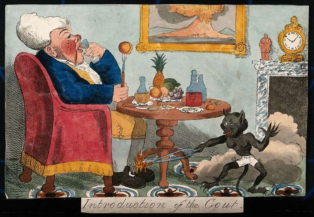 A self-indulgent man afflicted with gout: the pain is represented by a demon burning his foot. Coloured lithograph by G.…