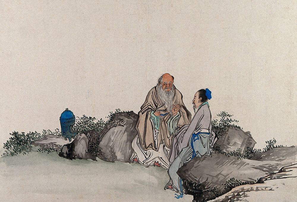 Two Chinese artist men have a discussion on some rocks in a garden. Gouache by a Chinese artist, ca. 1850.