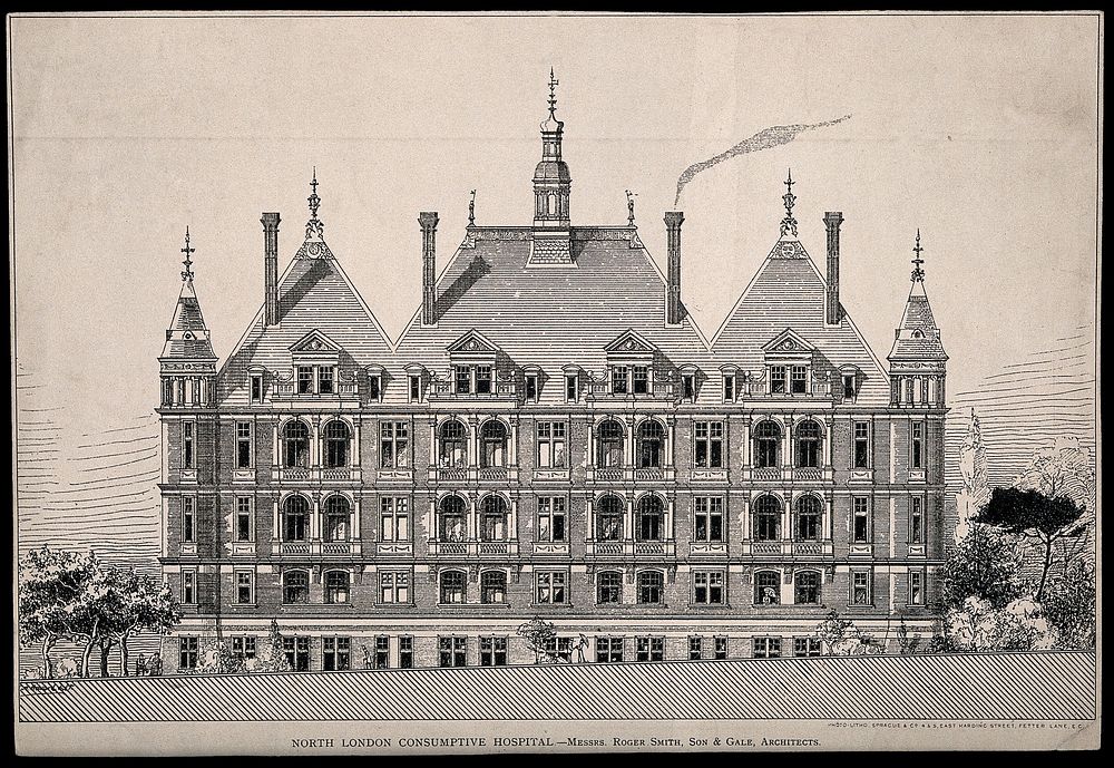 The North London Hospital for Consumption and Diseases of the Chest: elevation view of the garden facade with balconies…