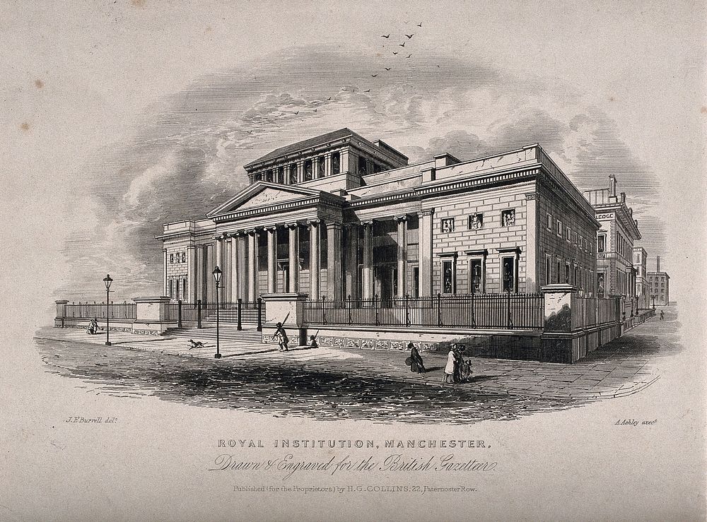 Royal Institution, Manchester, England. Line engraving by A. Ashley after J.F. Burrell.