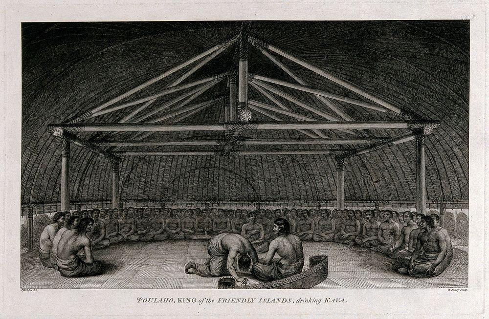 Poulaho, King of the Friendly islands (south Pacific), drinking kava during a ceremony. Engraving by W. Sharp after J.…