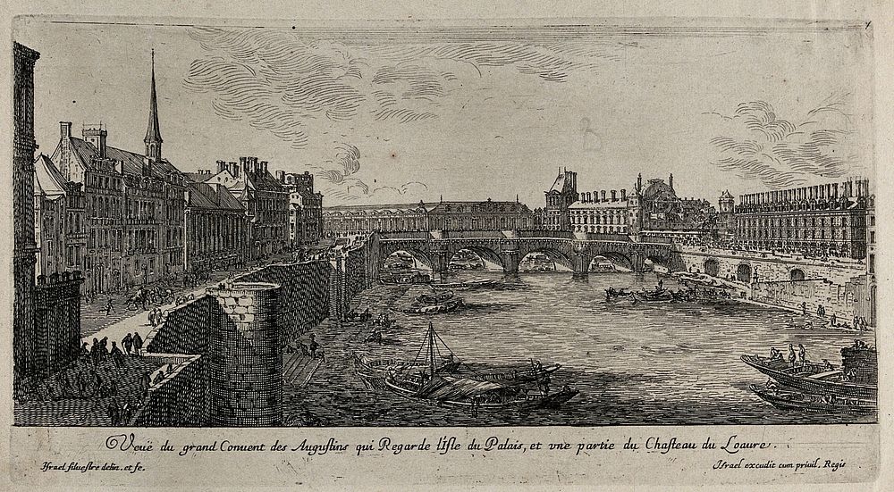 The Seine with the convent of the Augustinians and a part of the Louvre. Etching by I. Silvestre.