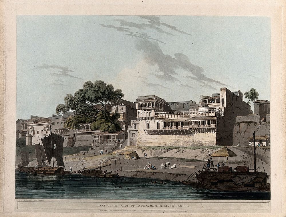 Patna seen from the Ganges, Bihar. Coloured aquatint by Thomas Daniell, 1795.