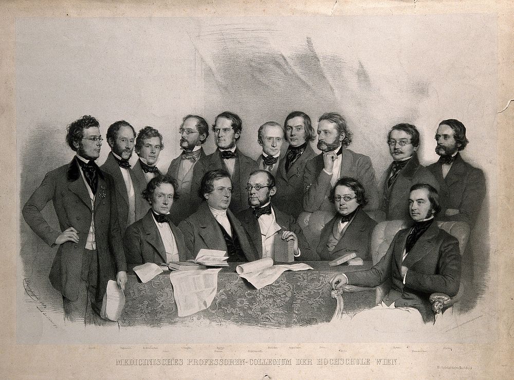 Fifteen medical professors at the University of Vienna. Lithograph by or after A. Prinzhofer, 1853.