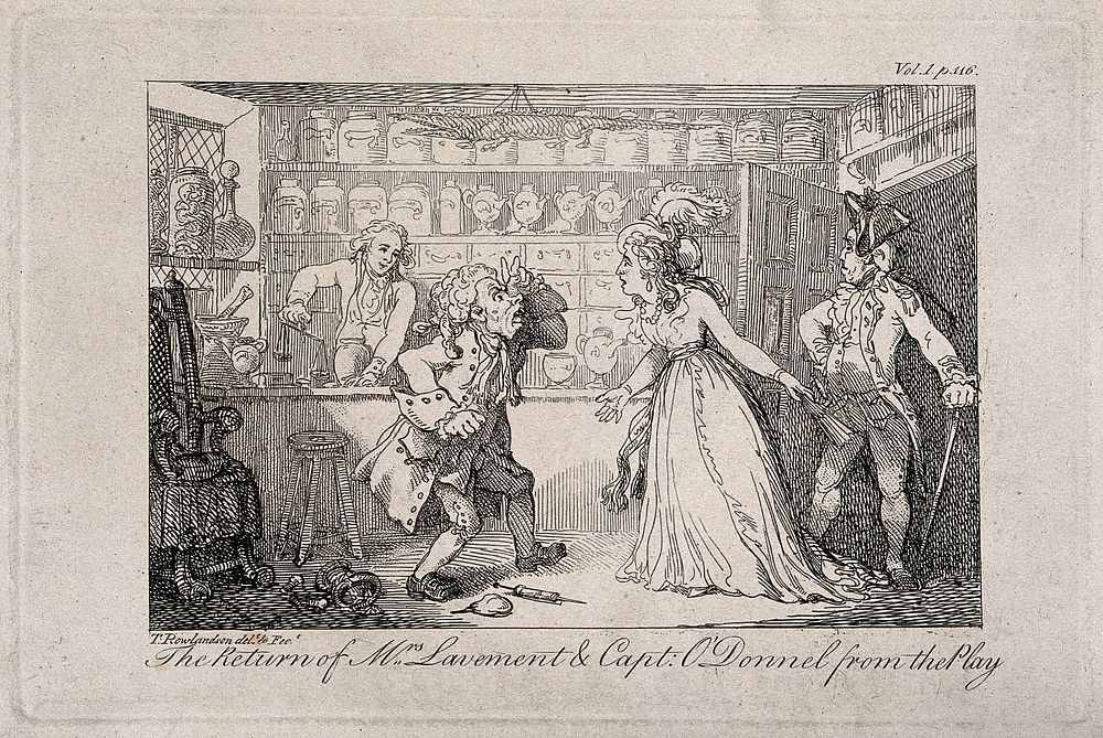 Mrs Lavement arriving back home late after the theatre with Captain O'Donnel causing Mr Lavement (an apothecary) much anger…