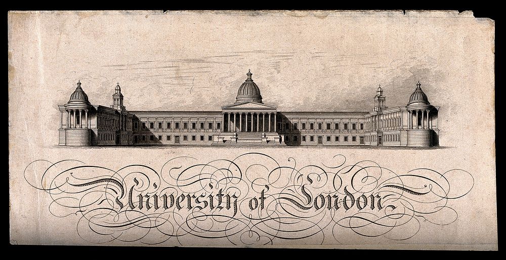University College London: the main buildings seen from Gower Street. Engraving.