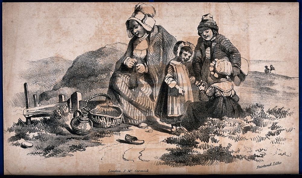 A woman and three chidren are sitting by the side of a track with a basket and flagon nearby. Lithograph by T. Fairland.