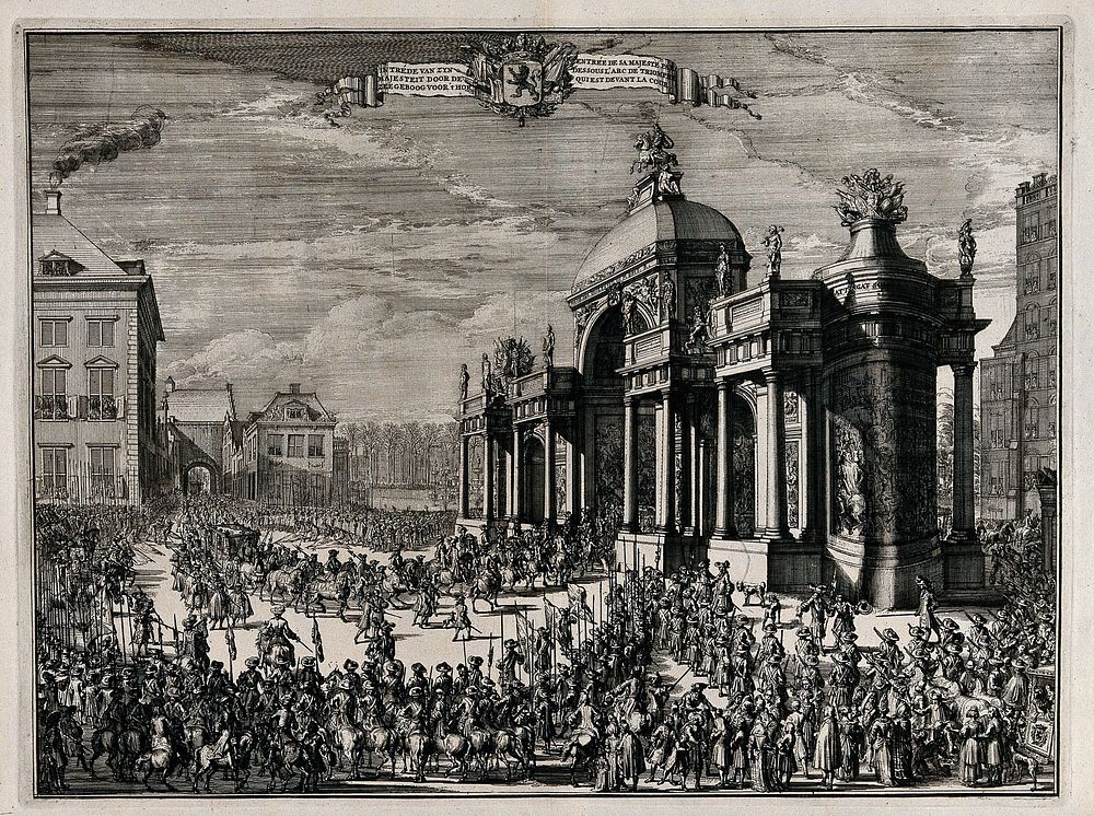 The processional entry of William III into The Hague through the triumphant arch in the court. Etching.